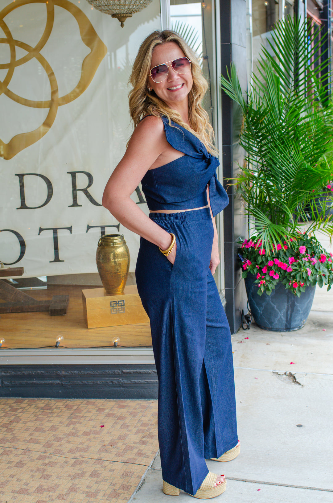Feeling Fancy Dark Denim Tie Bow Front One Shoulder Top