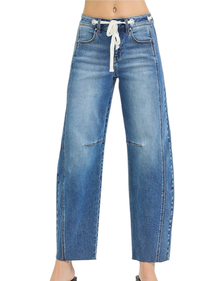 Risen Slouchy Ankle Barrel Jeans Drawstring Details in Medium Wash