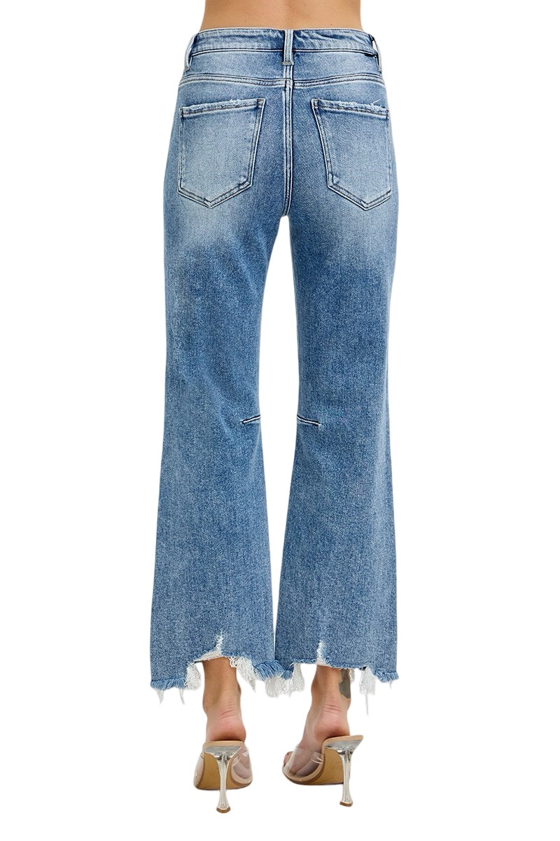 Risen High Rise Crop Straight Distressed hem jeans in medium wash