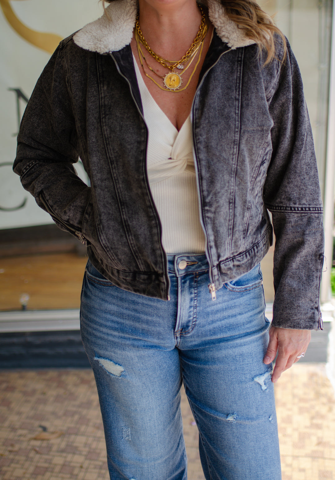 Take My Hand Medium Wash Shearing Denim Jacket in Black Denim