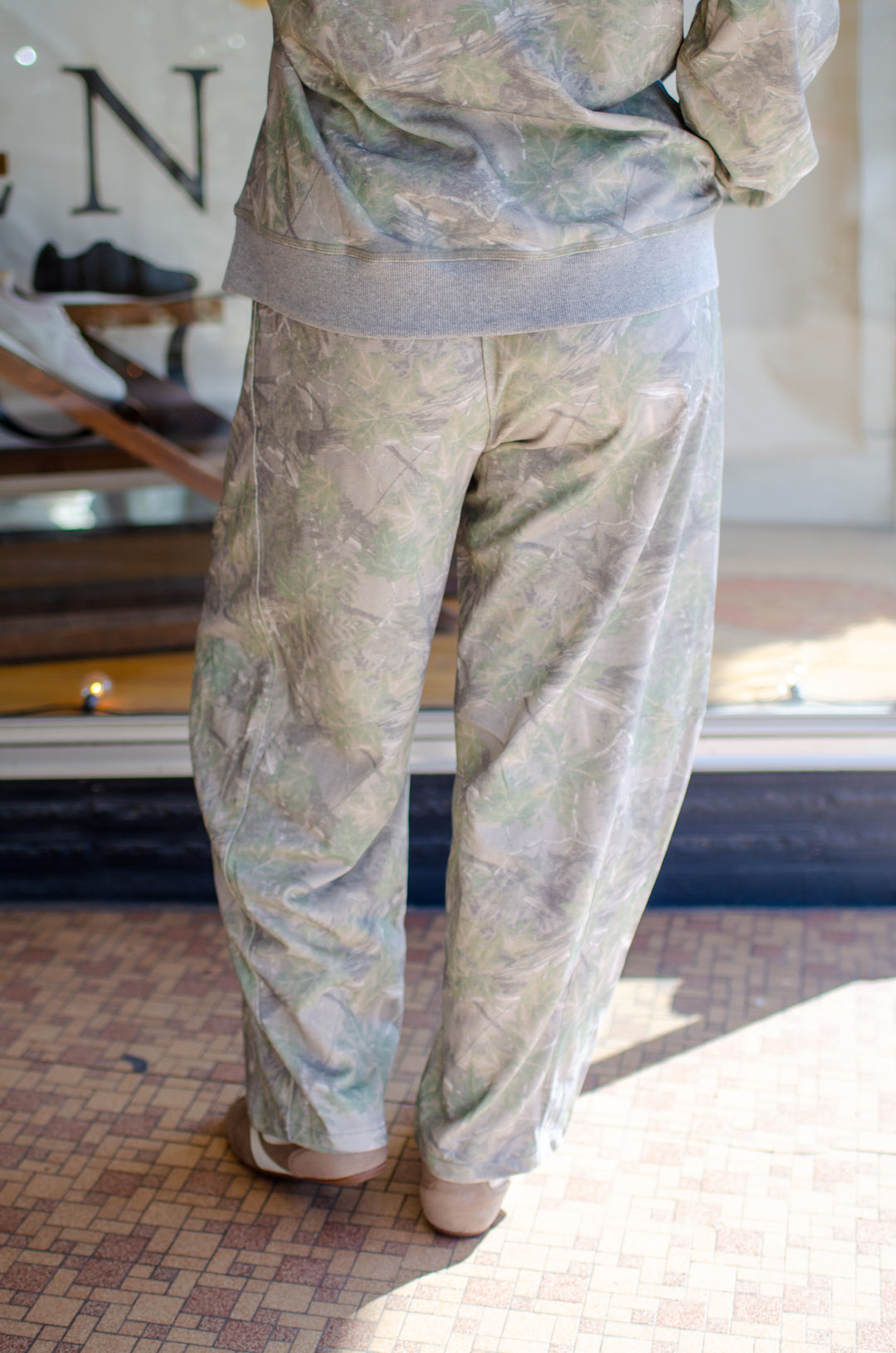 See You Now Camo Print Casual Knit Barrel Pants in Olive