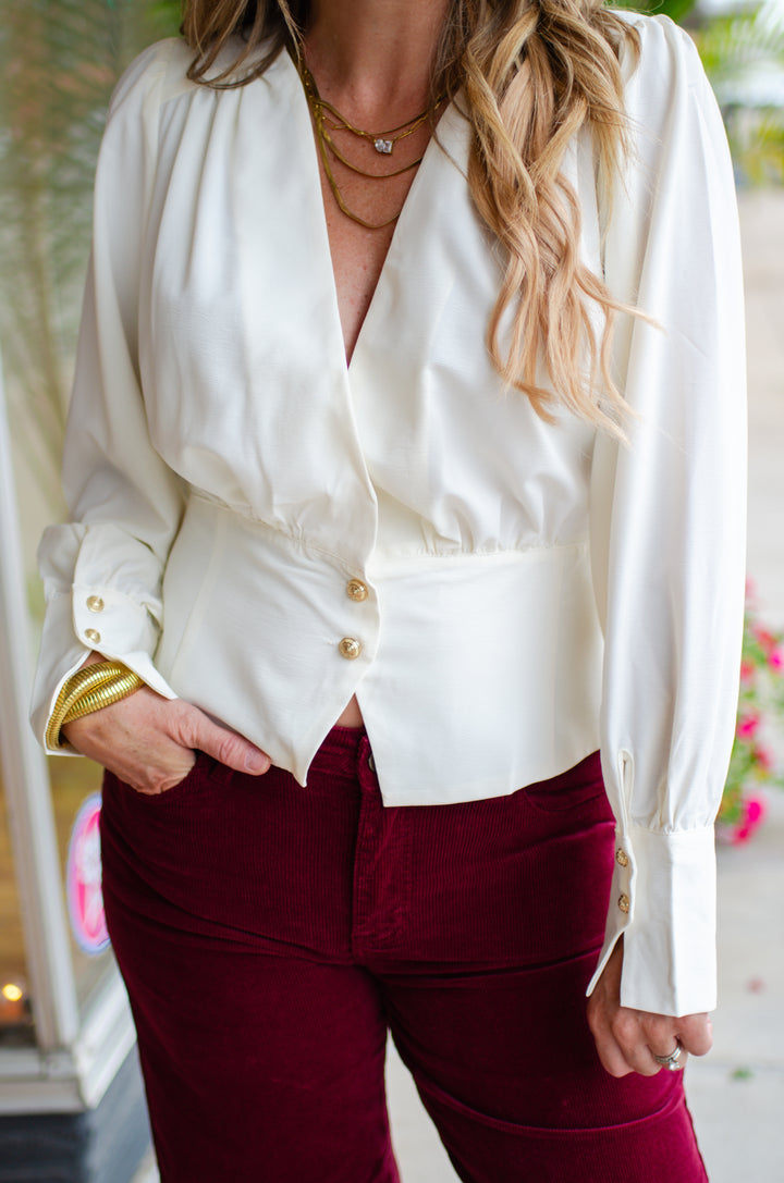 Run To You Long Sleeve Surplice Top with Gold Button Detail in Cream