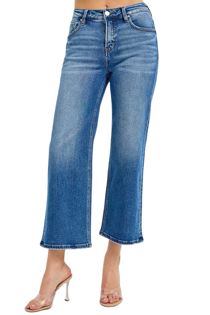 Risen Mid Rise Tummy Control Mid Rise Crop Jeans in Medium Wash