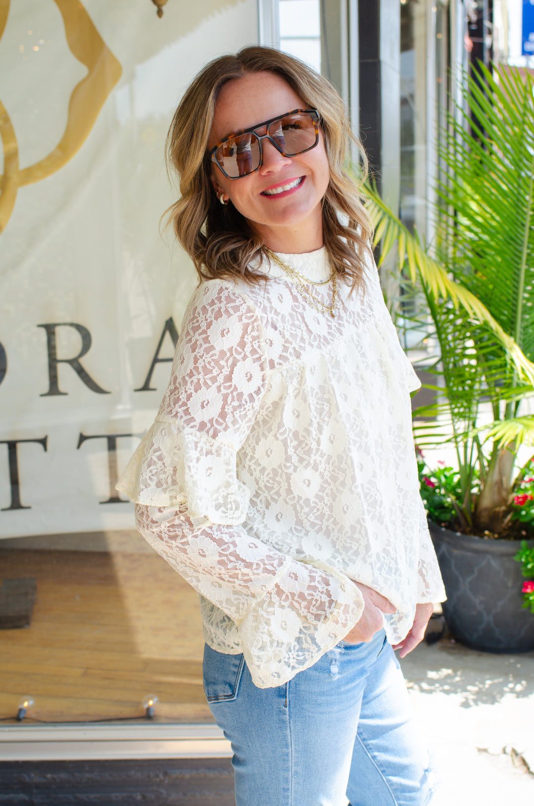 Bell of The Ball Lace Floral Ruffle Sleeve Blouse in Cream