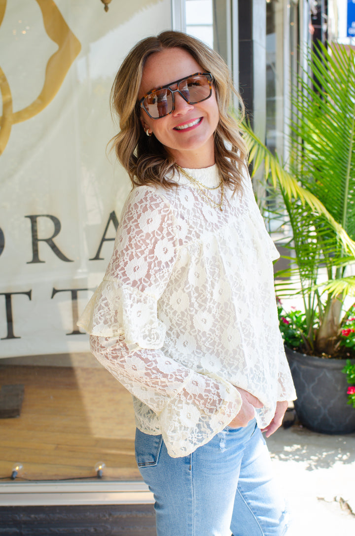 Bell of The Ball Lace Floral Ruffle Sleeve Blouse in Cream