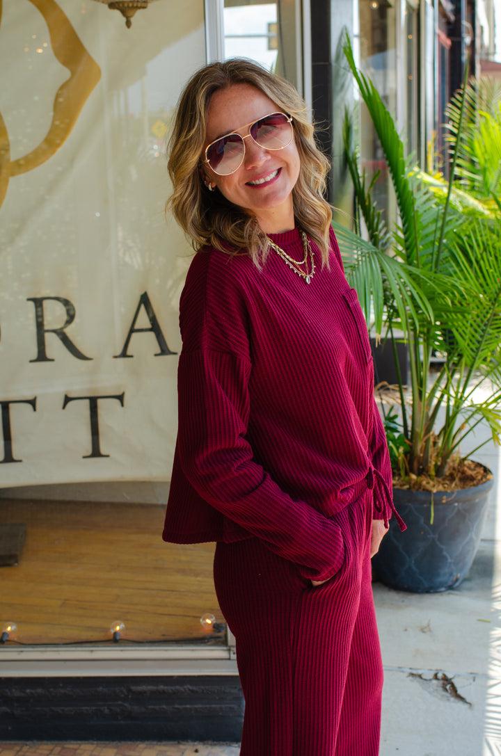 Make Your Way Thermal Pocket Long Sleeve Top in Burgundy