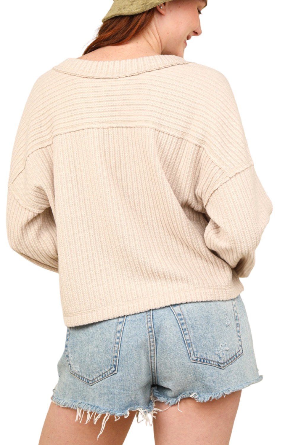 Comfort & Style V-Neckline Long Sleeve Top in Cream