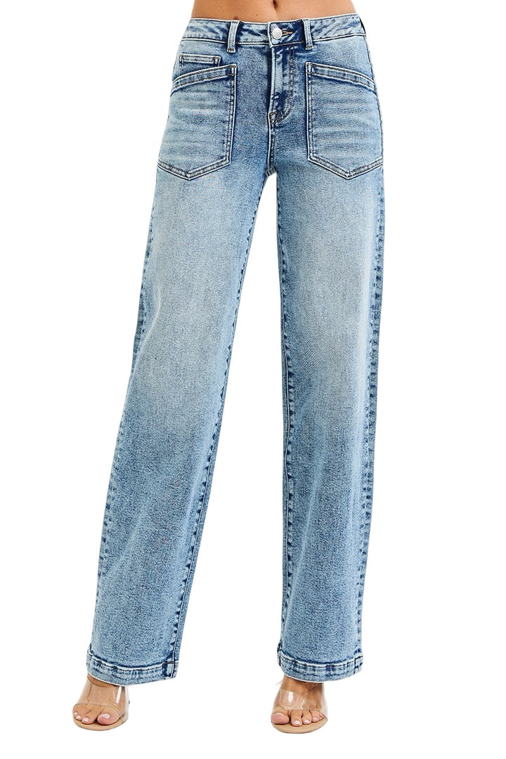 Risen High Rise Ankle Wide-Cuffed Jeans in Medium