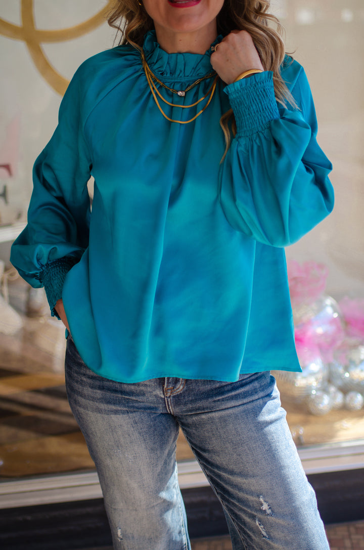 Date Night Ruffled High Neck Silky Blouse in Teal