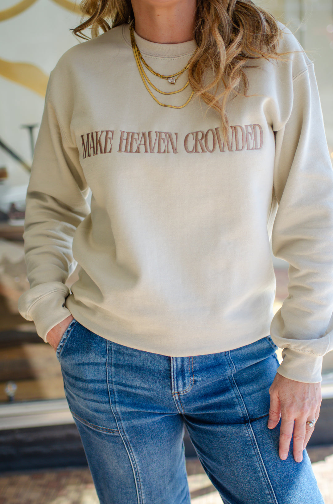 Make Heaven Crowded Embroidered Fleece Sweatshirt in Sand