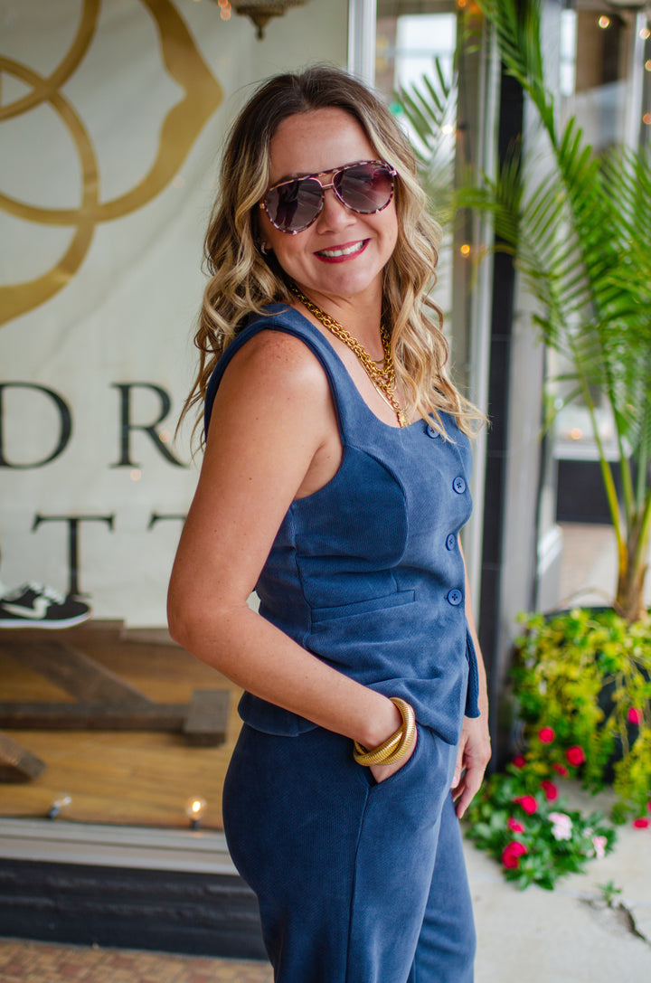 Lux Life Button Down Top in Navy