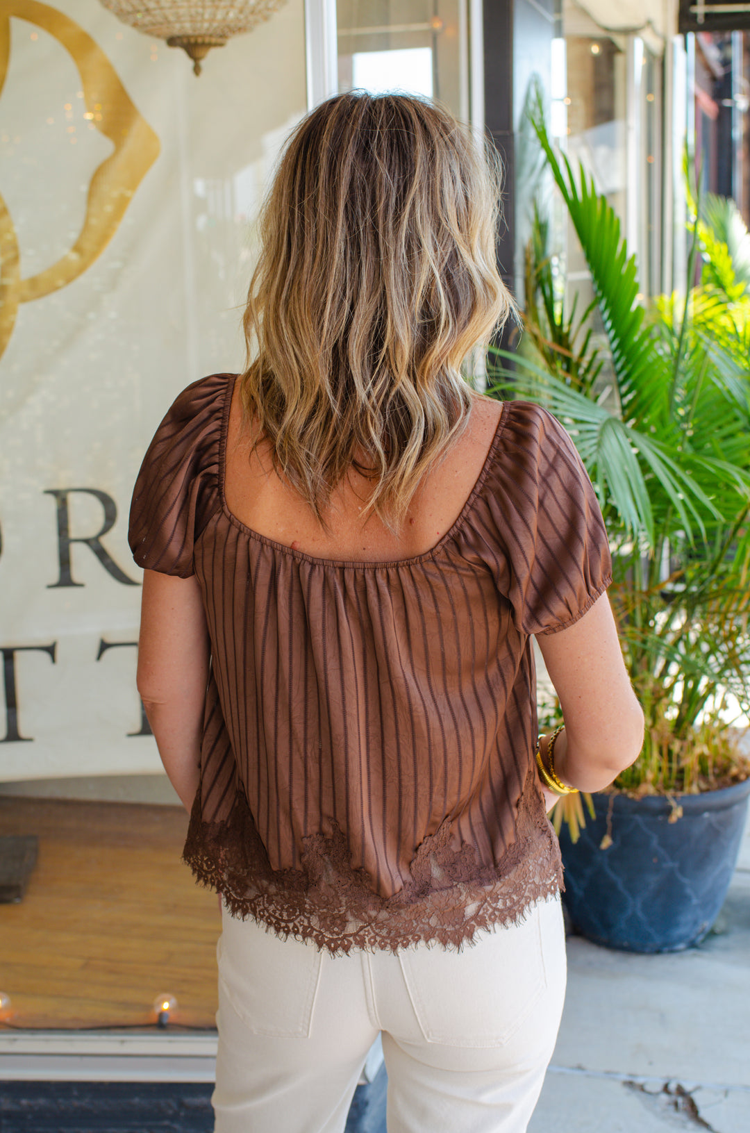 Whimsical Memories Silky Stretch Neckline Top in Lace Hem in Chocolate