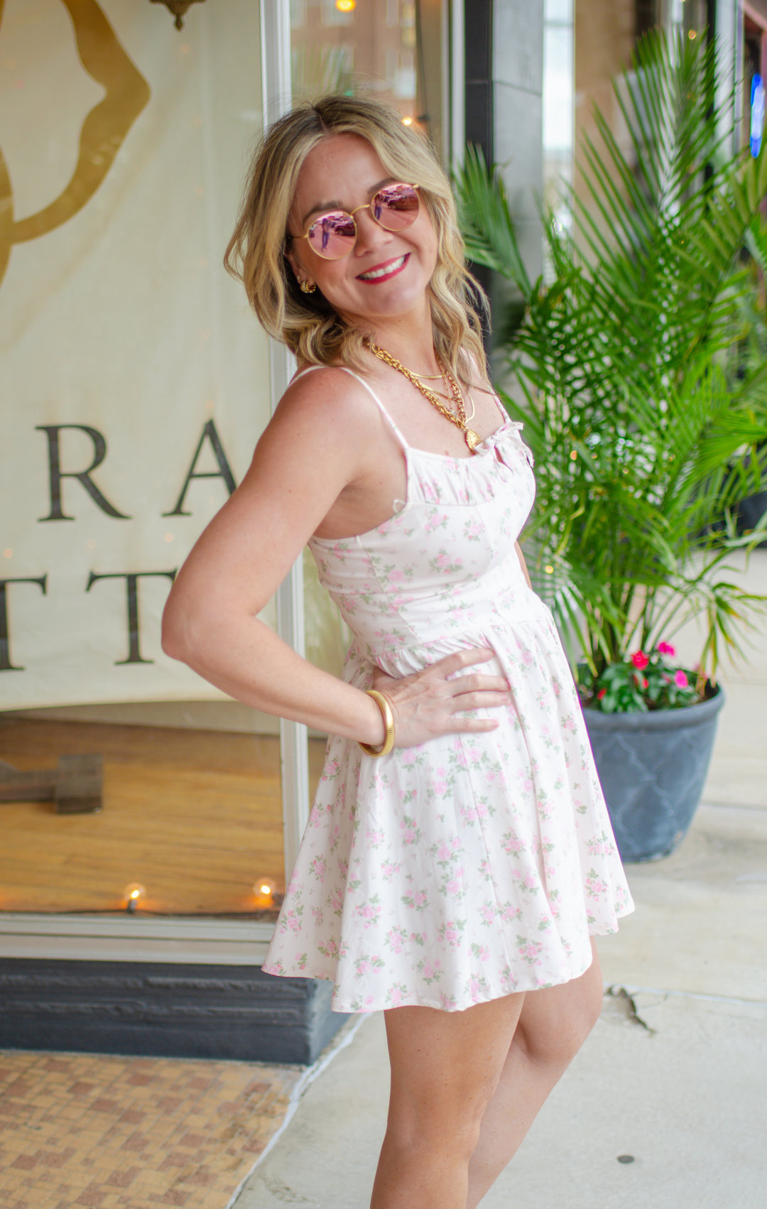 Summer Floral Print Ruched Corset Top Empire Waistline Dress in Pink