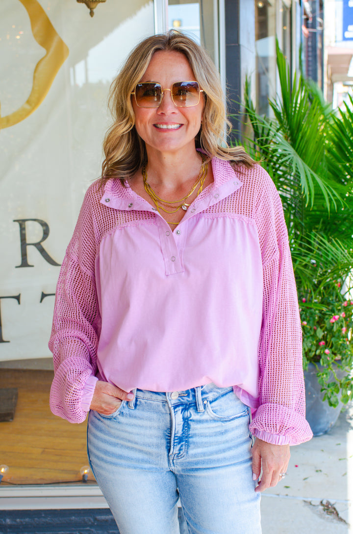 Breezy Summer Mesh Long Sleeve Top in Pink