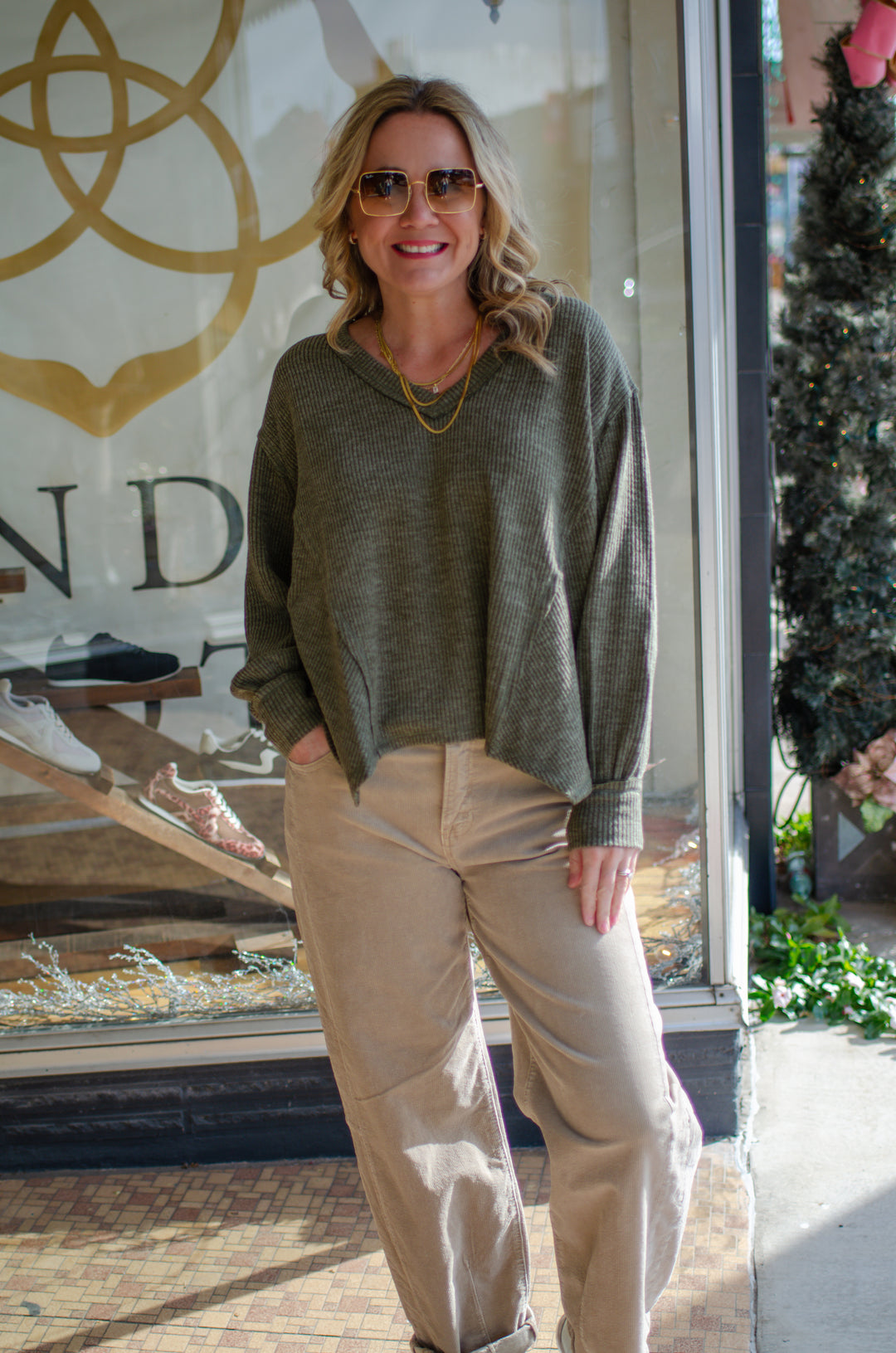 Our Love V-Neck Long Sleeve Side Cut Top in Olive