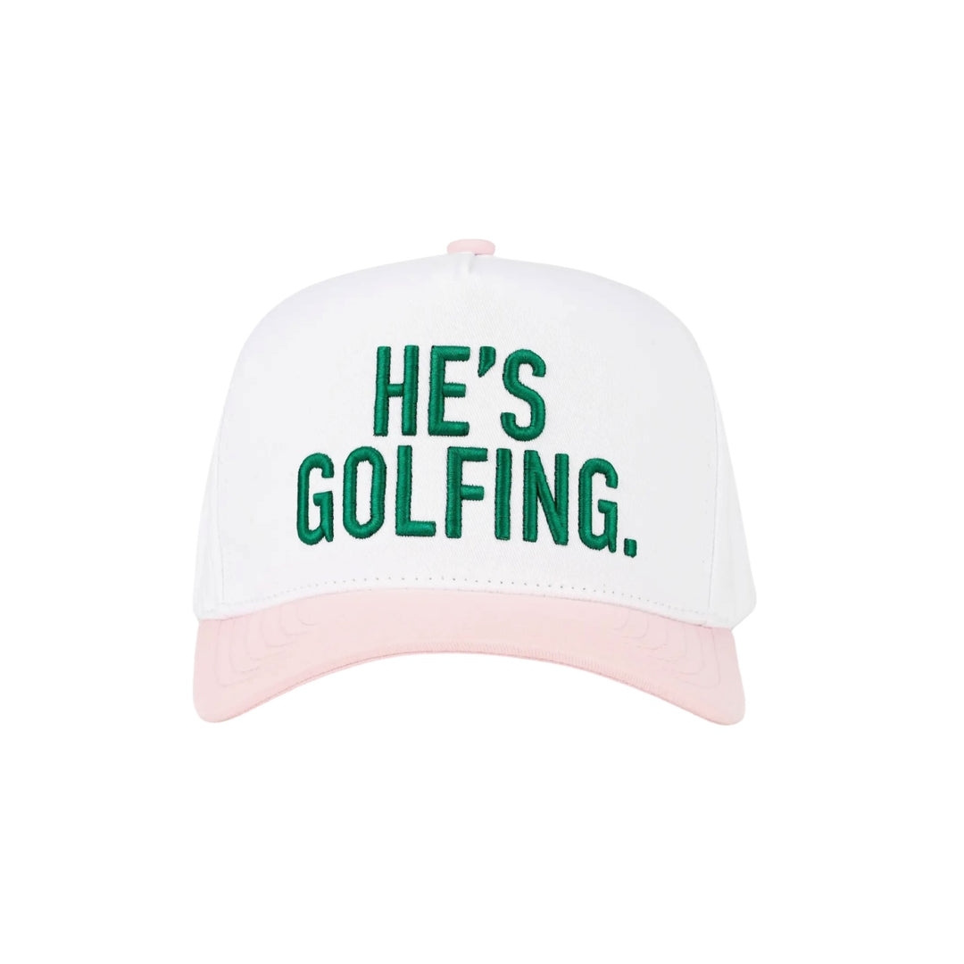He's Golfing Embroidered Two-Tone Trucker Hat in Green & Pink