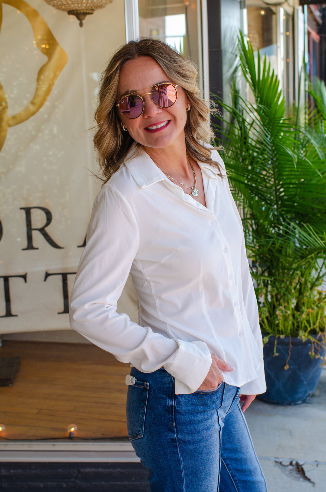 Classic Button Down Soft Stretch Collated Top in White