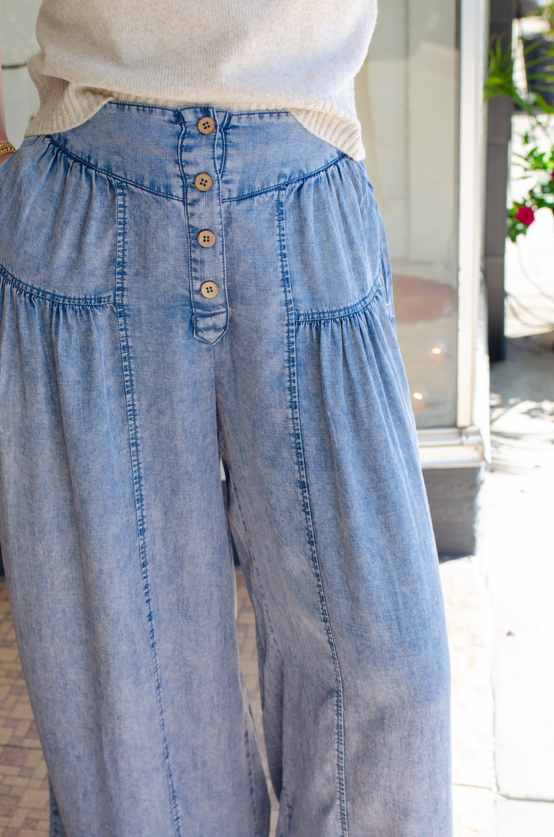 Make A Way Indigo Shirred Wide leg Chambray Pants