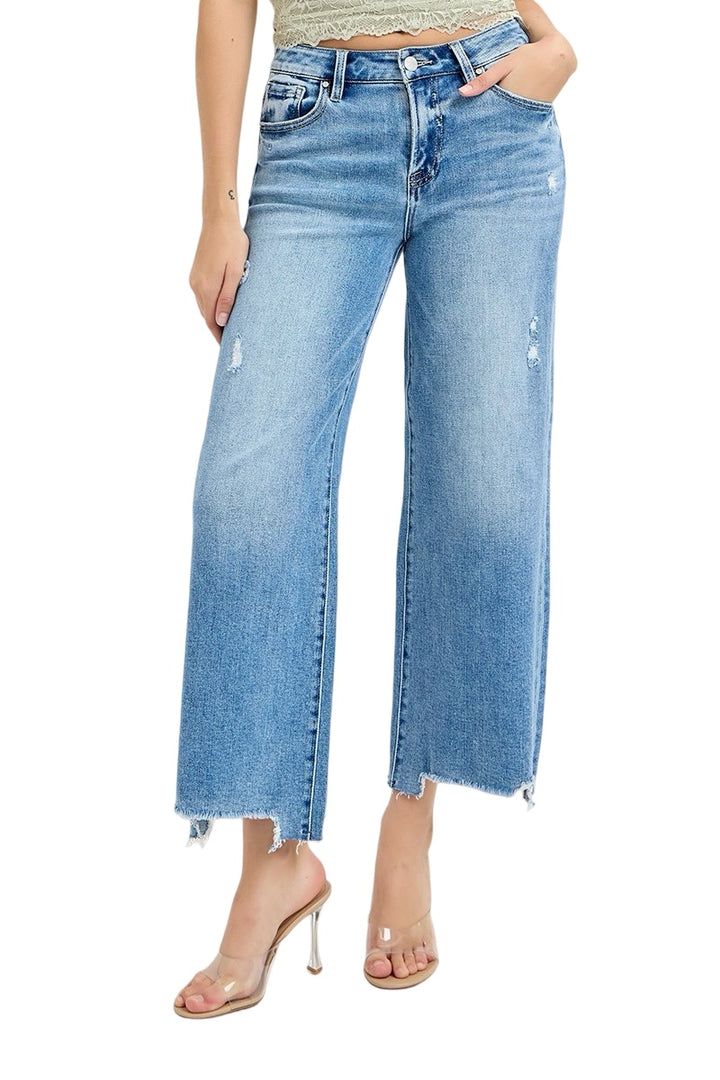 Risen High Rise Crop wide leg jeans in Medium Wash