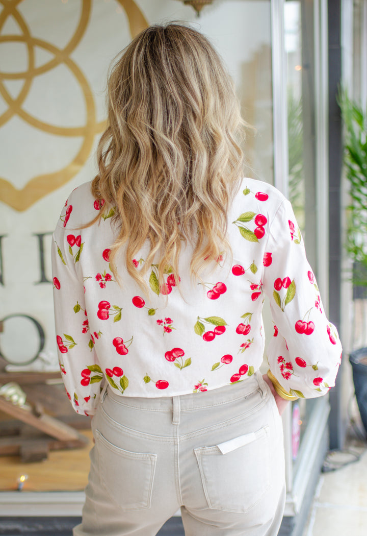 Cherry Printed Collared Tie Front Button Down Top
