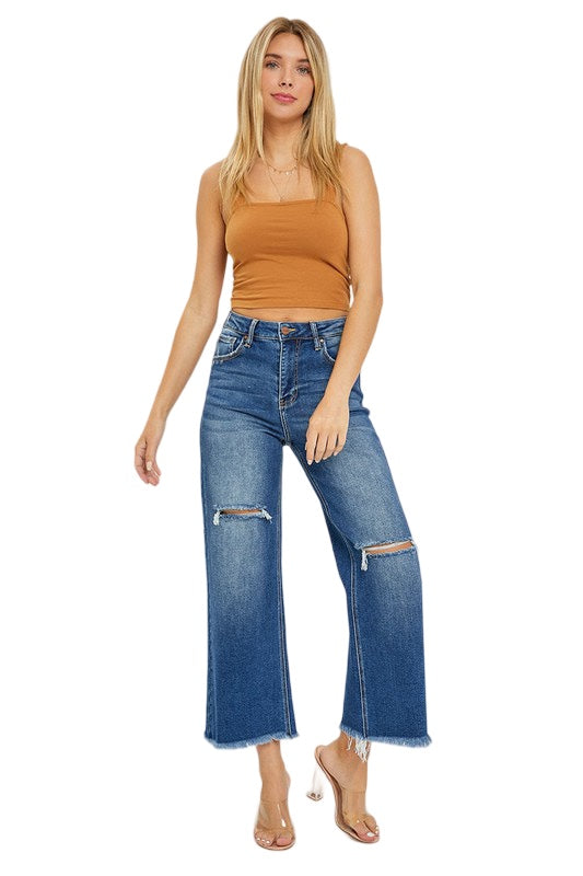 Risen High Rise Frayed Ankle Wide Leg Jeans in Dark Wash