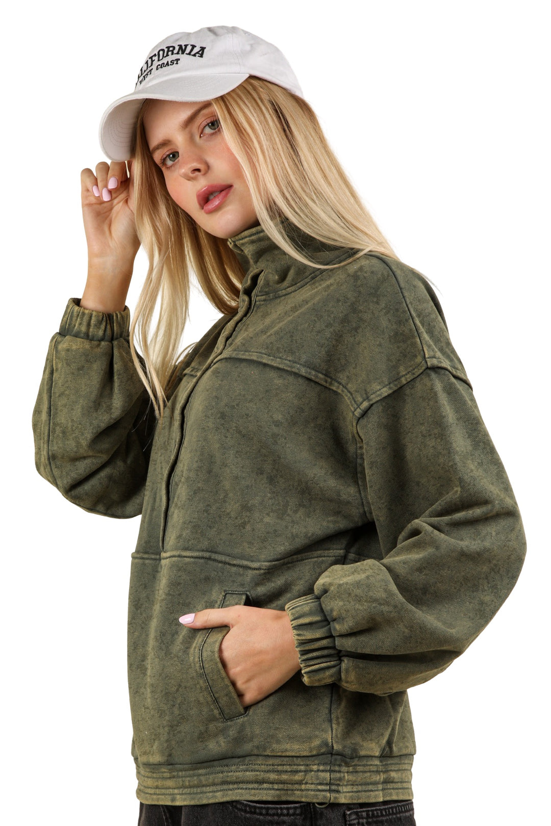 Take It Easy Mineral Washed Button Down Henley Sweatshirt Top in Olive