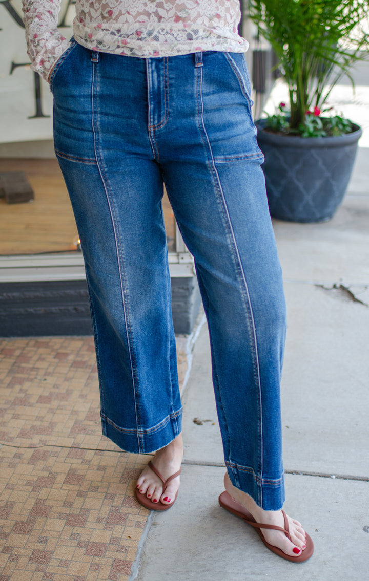 Risen High Rise Crop Straight Front Seam Detailed Jeans in Dark Wash