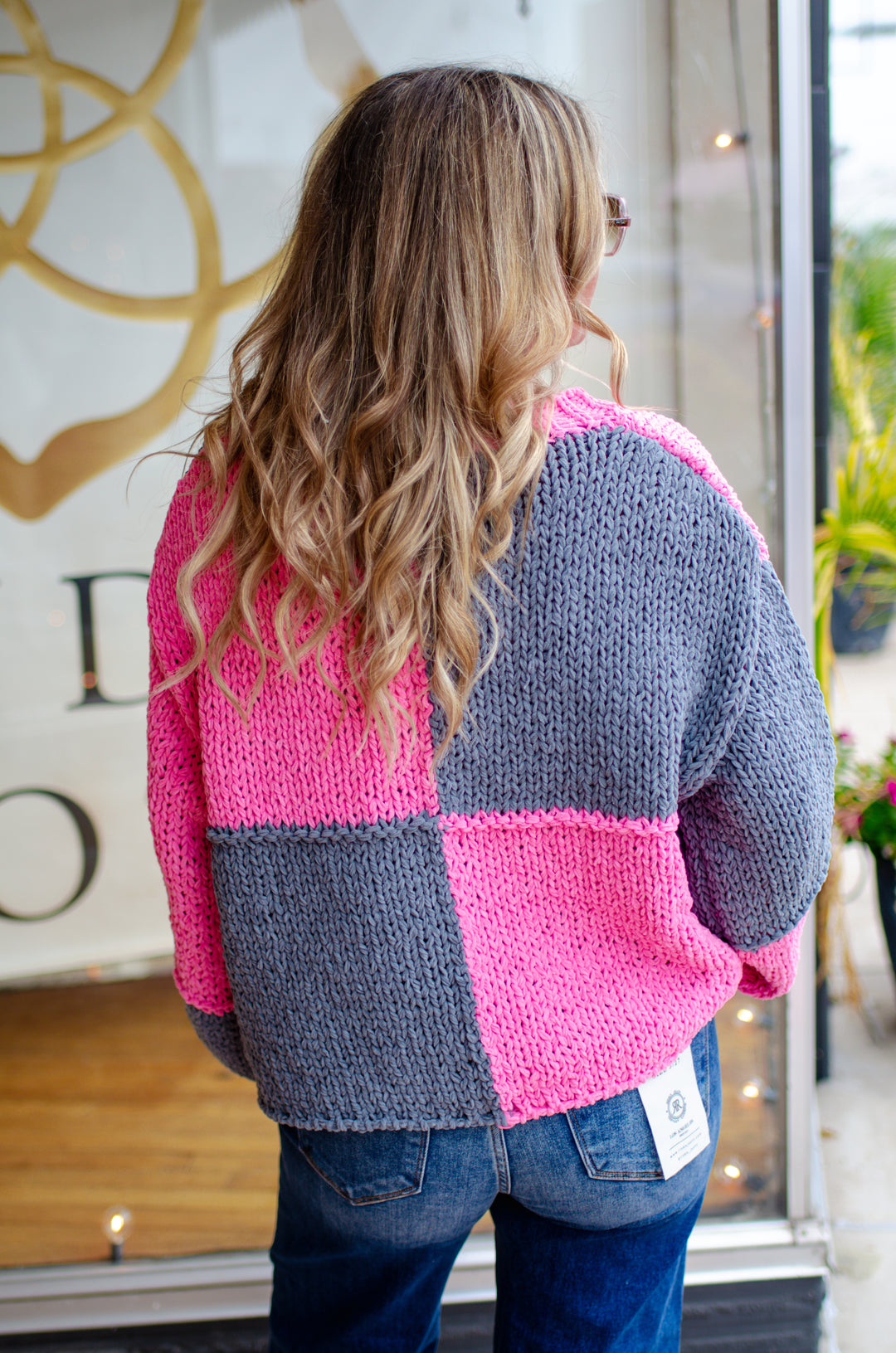 Pink & Grey Chunky Knit Color-block Sweater