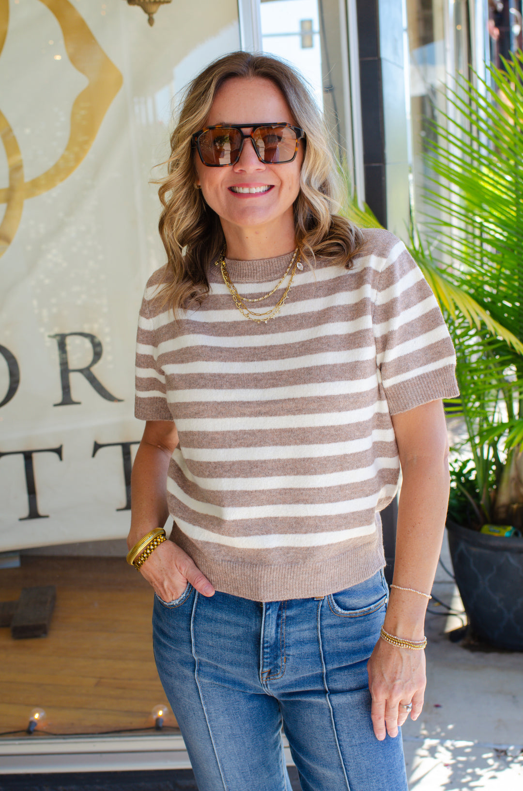 Take It Easy Mocha & Cream Stripe Short Sleeve Sweater Top