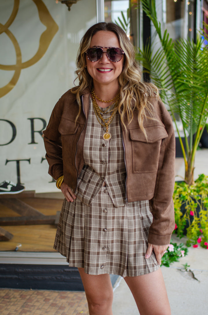 Effortless Faux Suede Bomber Jacket in Coffee