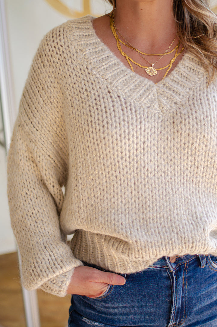 Forever Intertwined Metallic Champagne V-Neck Knit Sweater