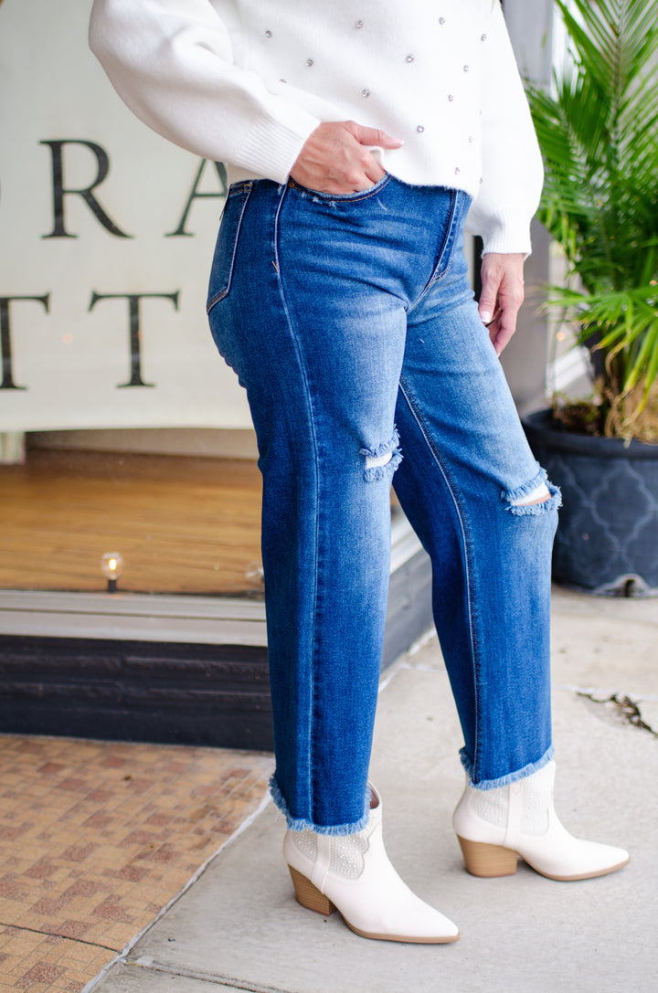 Risen High Rise Frayed Ankle Wide Leg Jeans