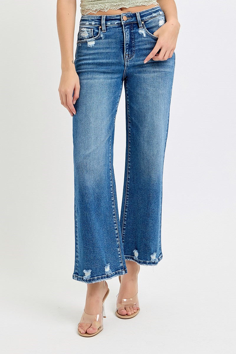 Risen Tummy Control High Rise Crop Wide Leg Jeans in Dark Wash