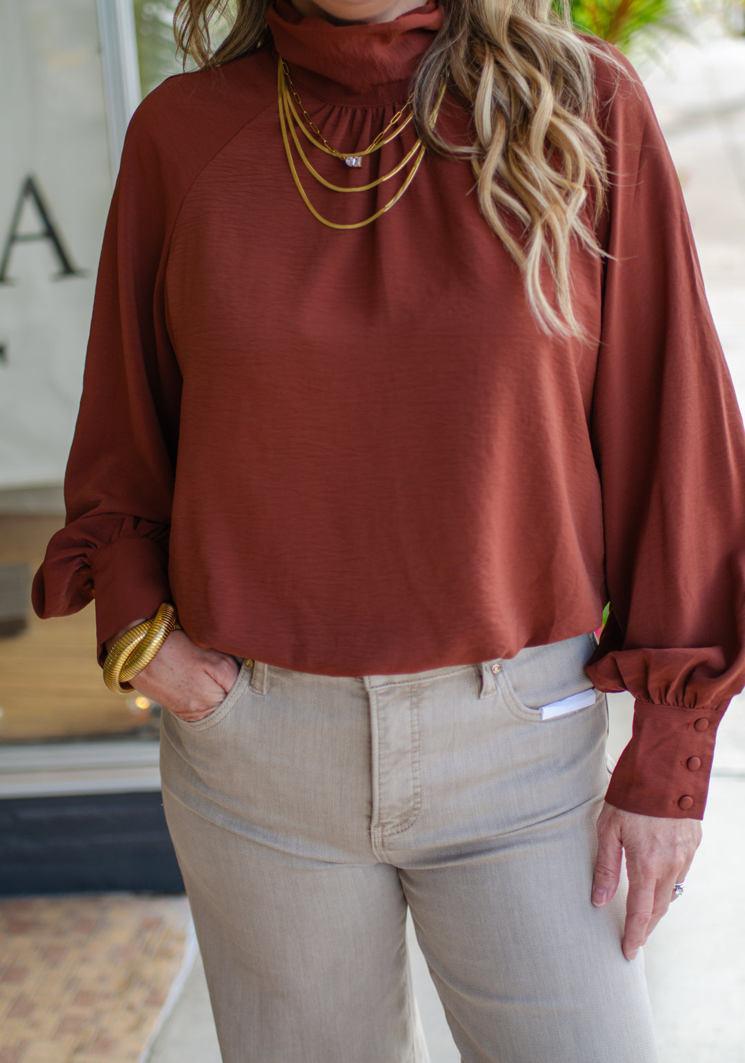 Take Your Time High Necklace Bubble Hem Long Sleeve in Cinnamon