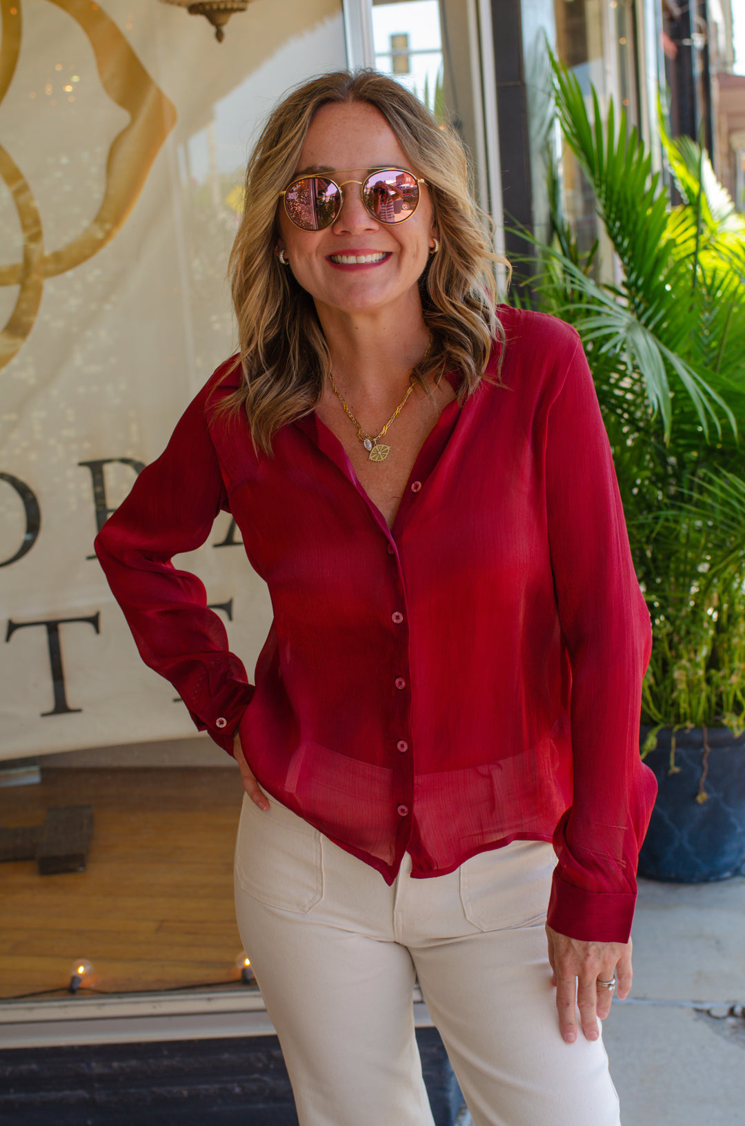 Shimmering Nights Metallic Button Down Long Sleeve Top in Burdundy