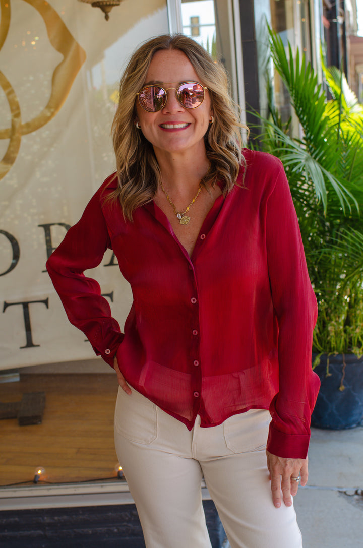 Shimmering Nights Metallic Button Down Long Sleeve Top in Burdundy