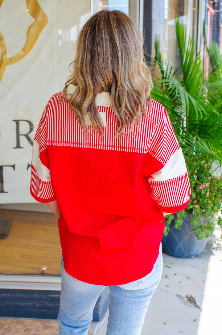 Comfort in You Stripe V-Neck Top in red & cream