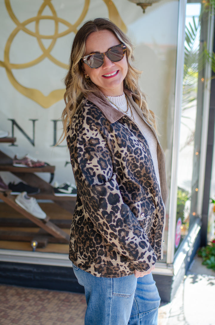 Be The Moment Leopard Printed Washed Twill Barn Style Jacket