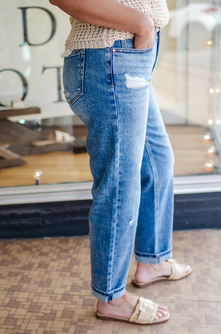 Risen High Rise Ankle Boyfriend Distressed Jeans in Medium