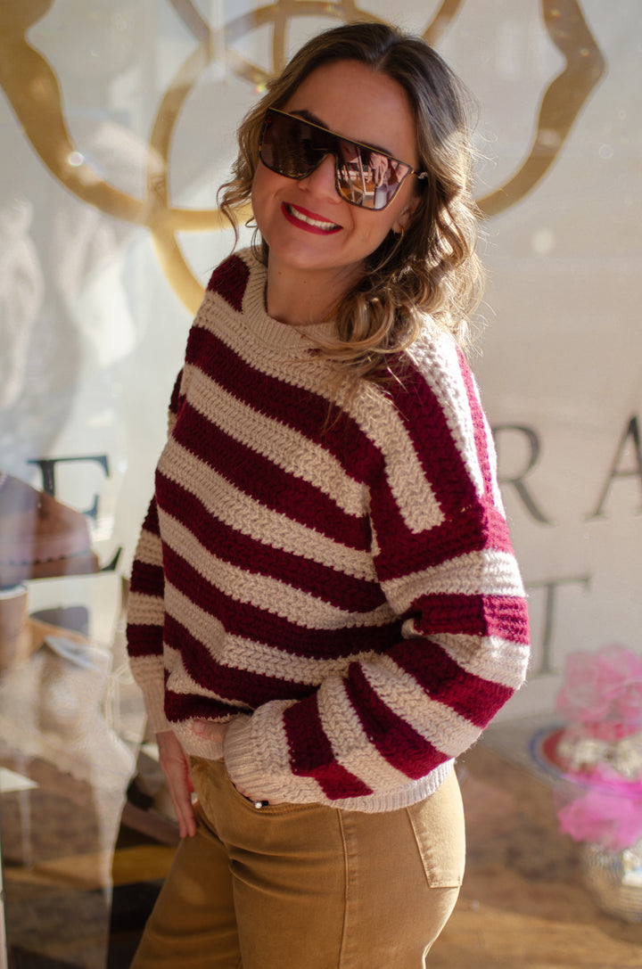 Time After Time Burgundy & Cream Stripe Round neck Knit Sweater