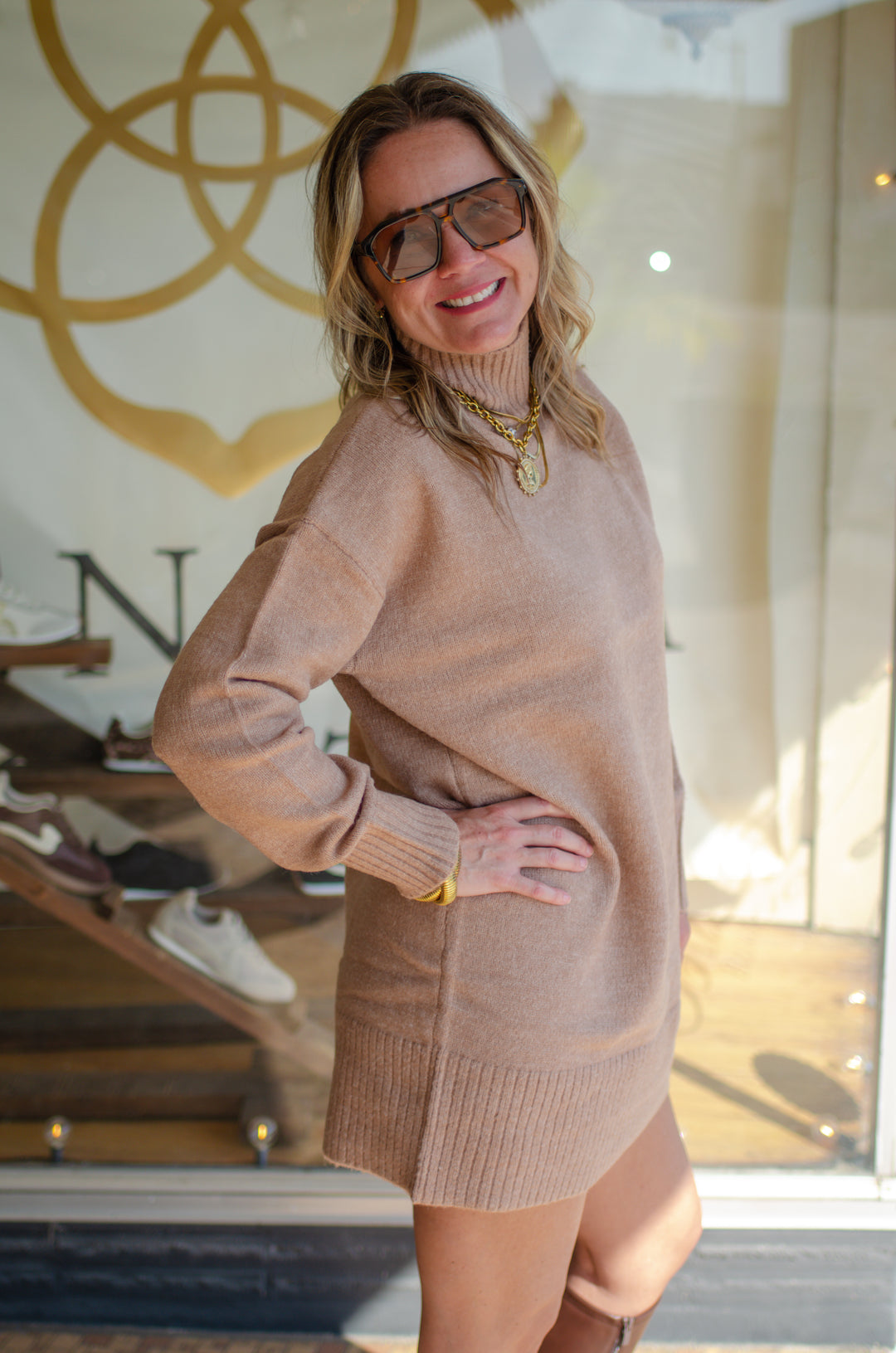 Bonfire Babe Mock Neck Sweater Dress in Camel