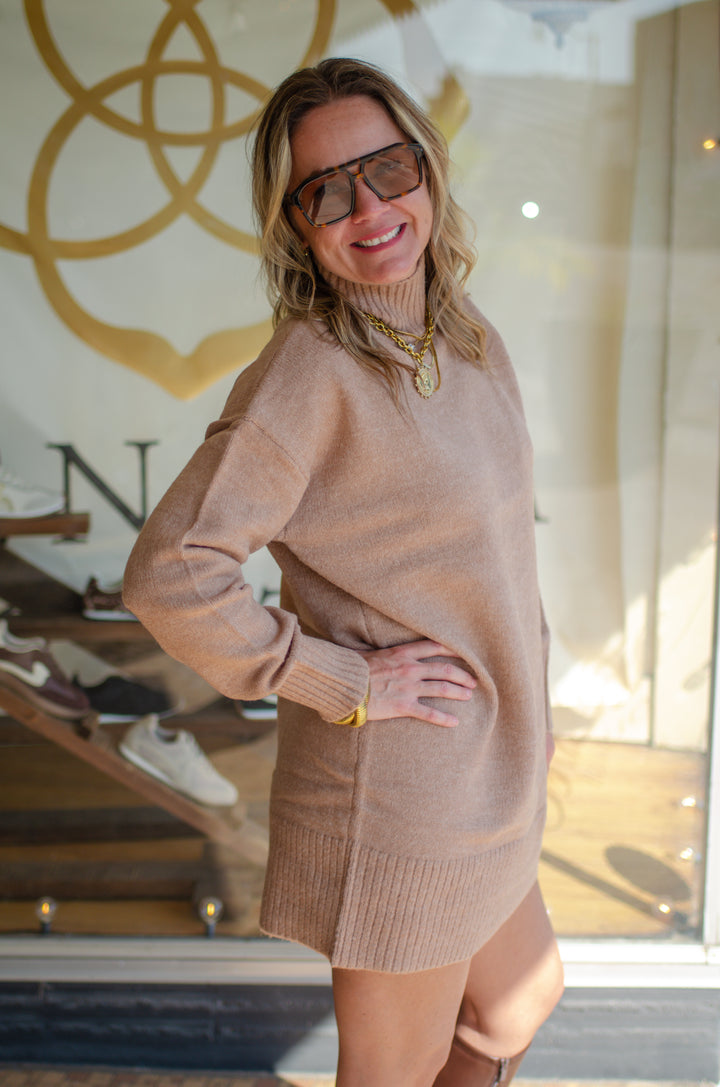 Bonfire Babe Mock Neck Sweater Dress in Camel