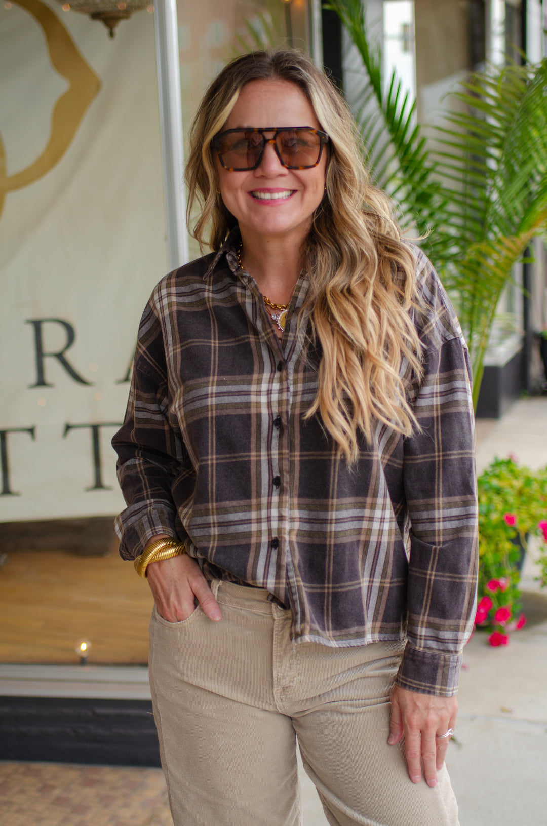 Good Times Plaid Button Down Collared Boxy Long Sleeve Shirt in Brown Mix