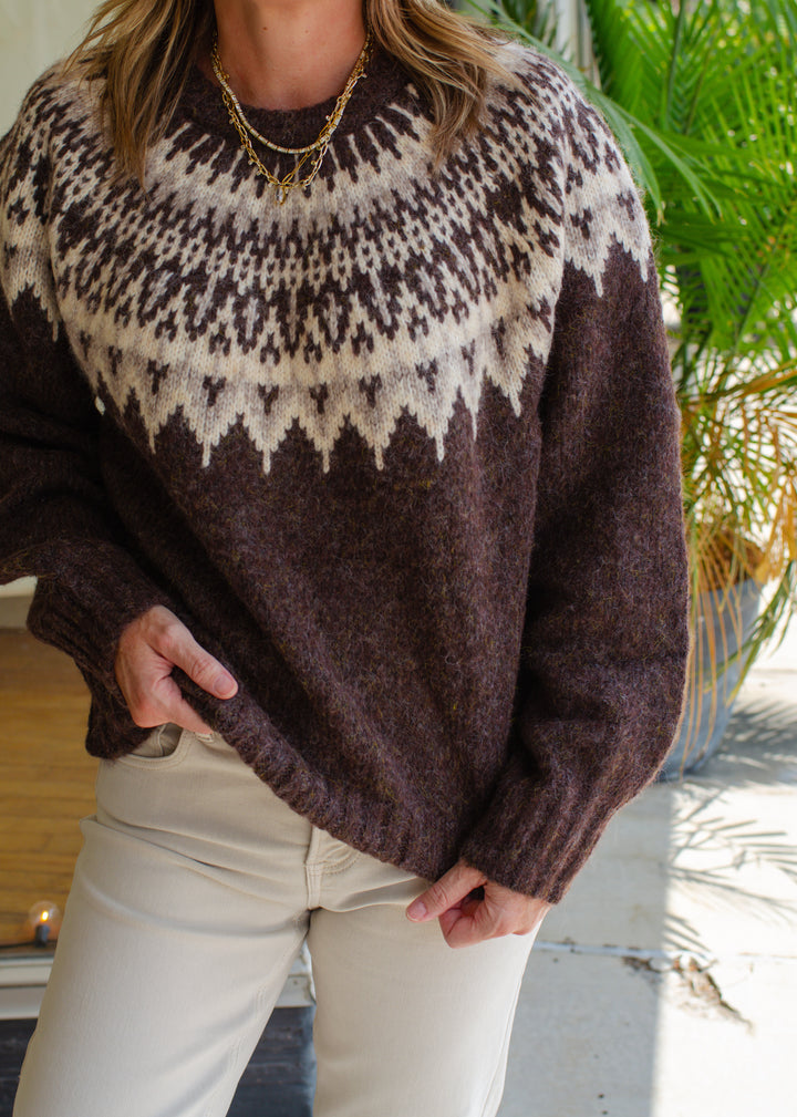 Snow Top Mountain Fair Isle Yoke Sweater in Chocolate