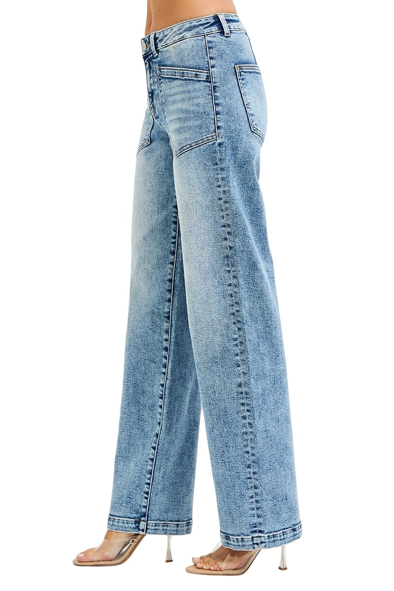 Risen High Rise Ankle Wide-Cuffed Jeans in Medium