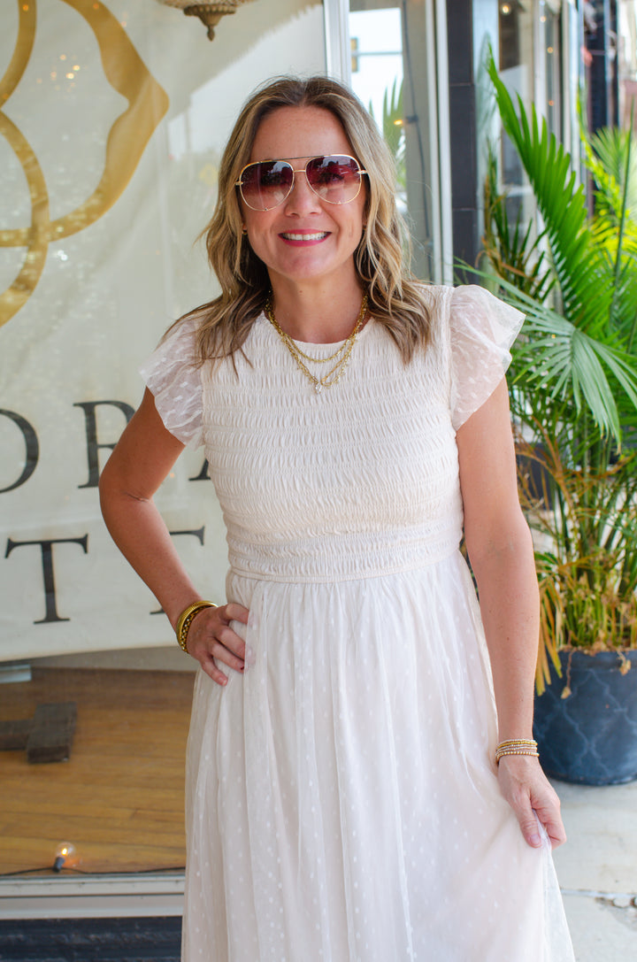 Whimsical Fall Tulle Midi Smocked Dress in Cream
