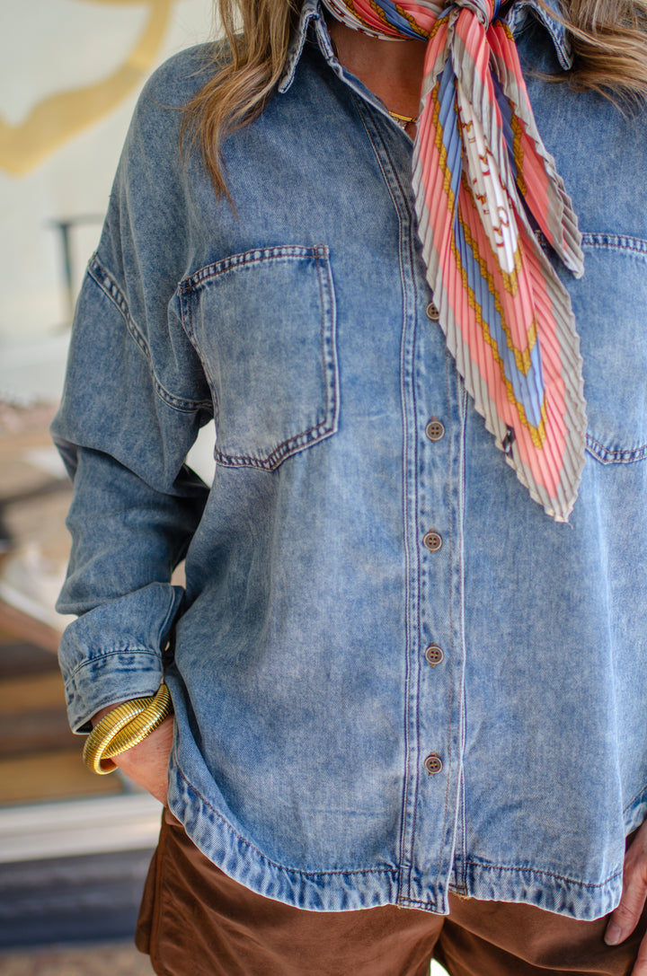 Chambray Perfection Button Down Oversized Pocket Long Sleeve Top