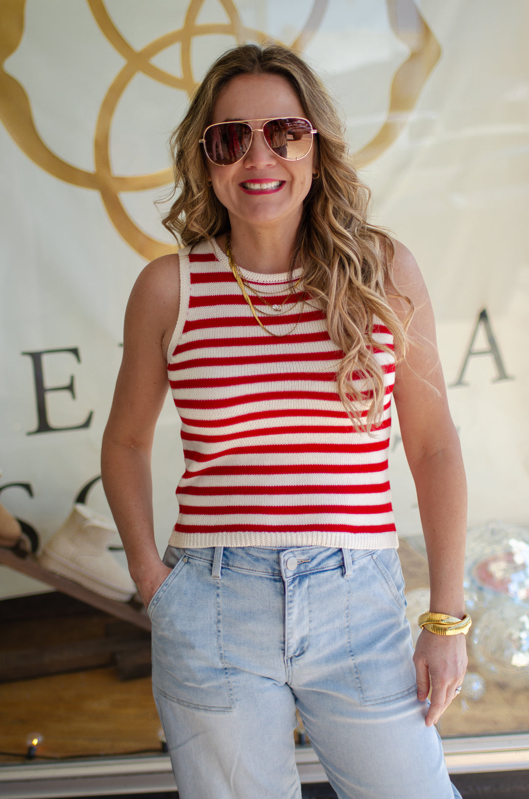 Nautical Moment Stripe Knit Sleeveless Tank in Red & Cream