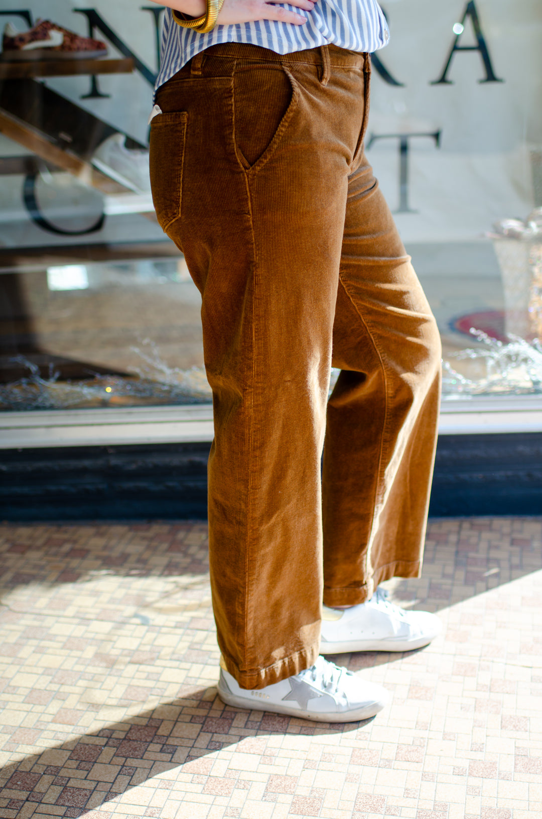 Risen Tummy Control Mid Rise Ankle Straight Corduroy Pants in Camel