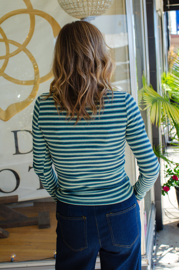 Retro Stripe Fitted Long Sleeve Top in Teal Mix